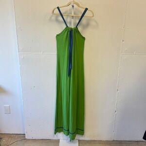 Mick & Mo Lime Green Halter Maxi‎ Dress Blue Trim Rayon Size L Boho Summer